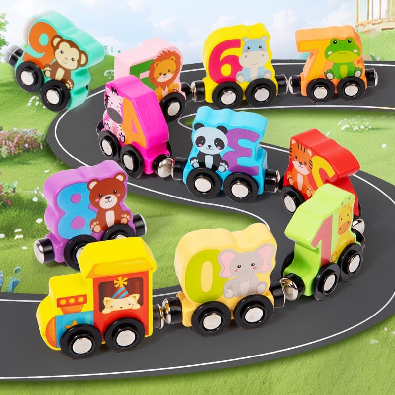 Circuits en bois colorés avec blocs chiffres et animaux. Idéal pour l'apprentissage préscolaire, catégorie Jeux de construction.