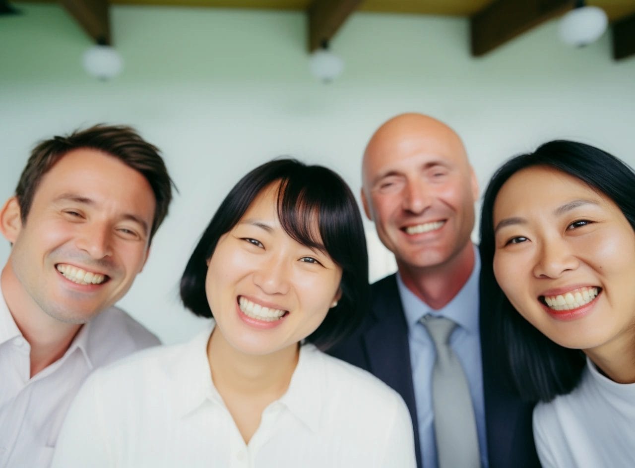 Happy diverse team of four smiling for a group photo.