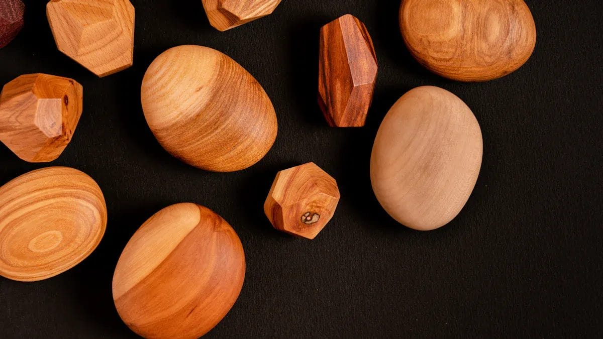 Collection de formes et de pierres en bois lisses et polies.