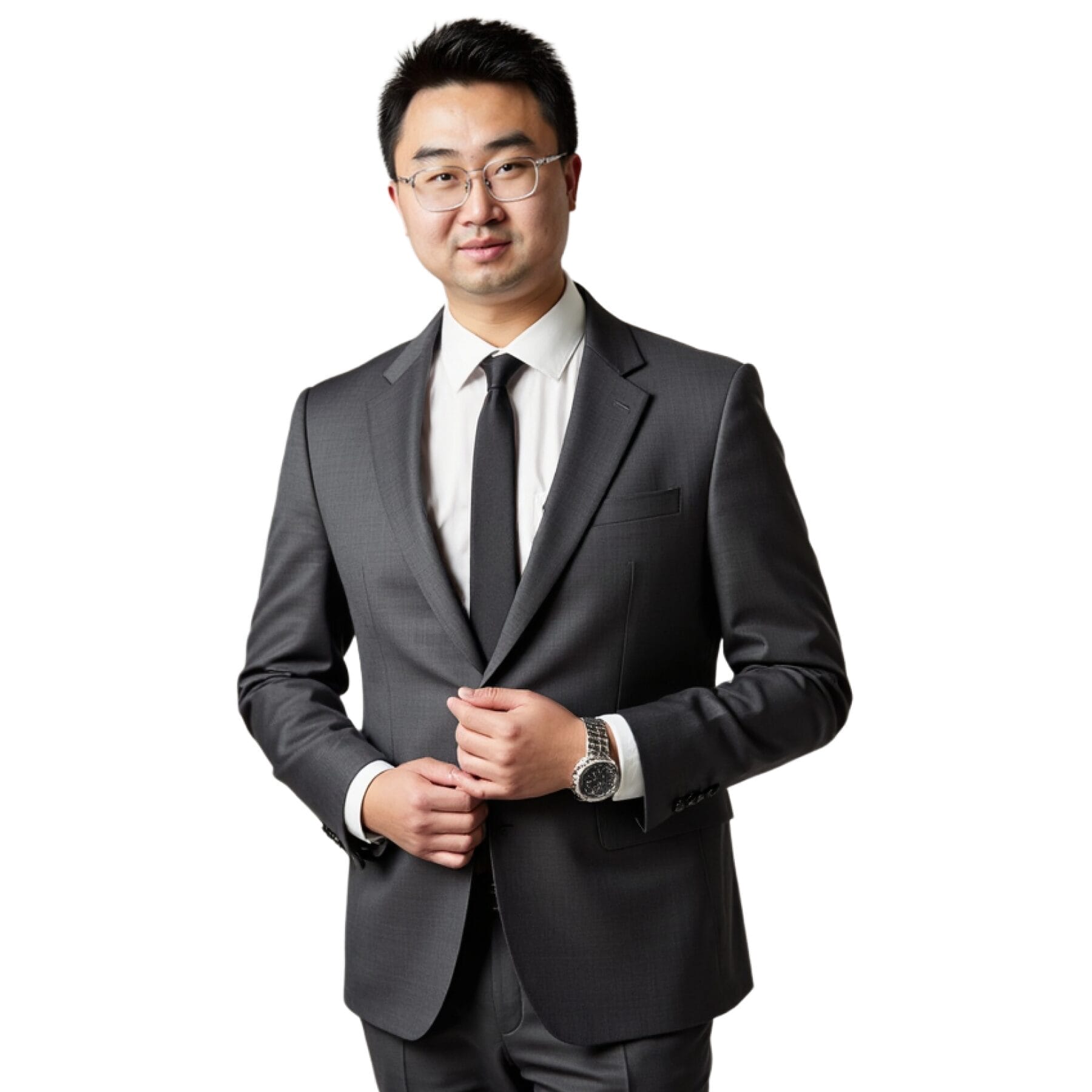 Homme d'affaires asiatique confiant en costume, ajustant sa veste