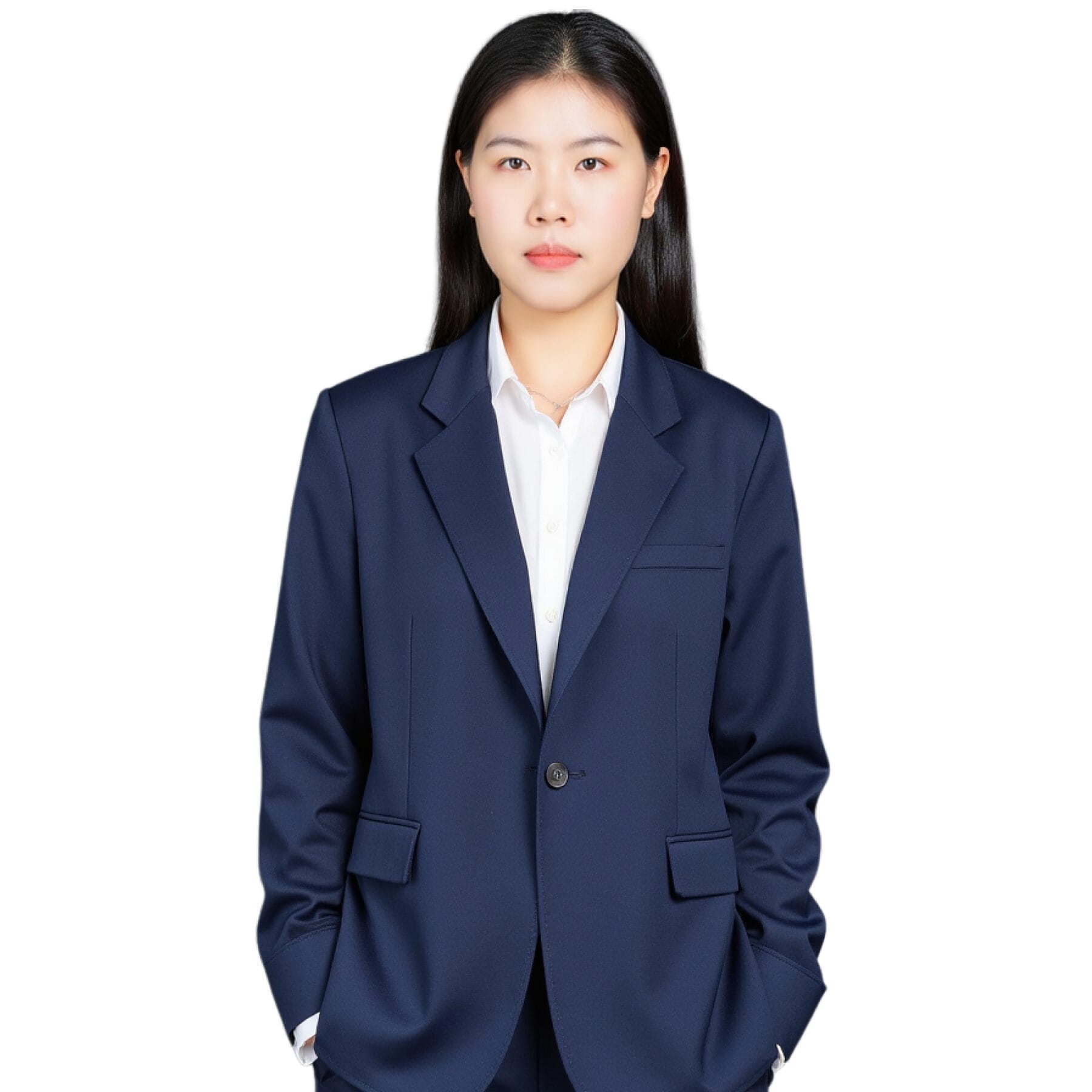 Portrait d'une jeune femme d'affaires en tailleur bleu marine.