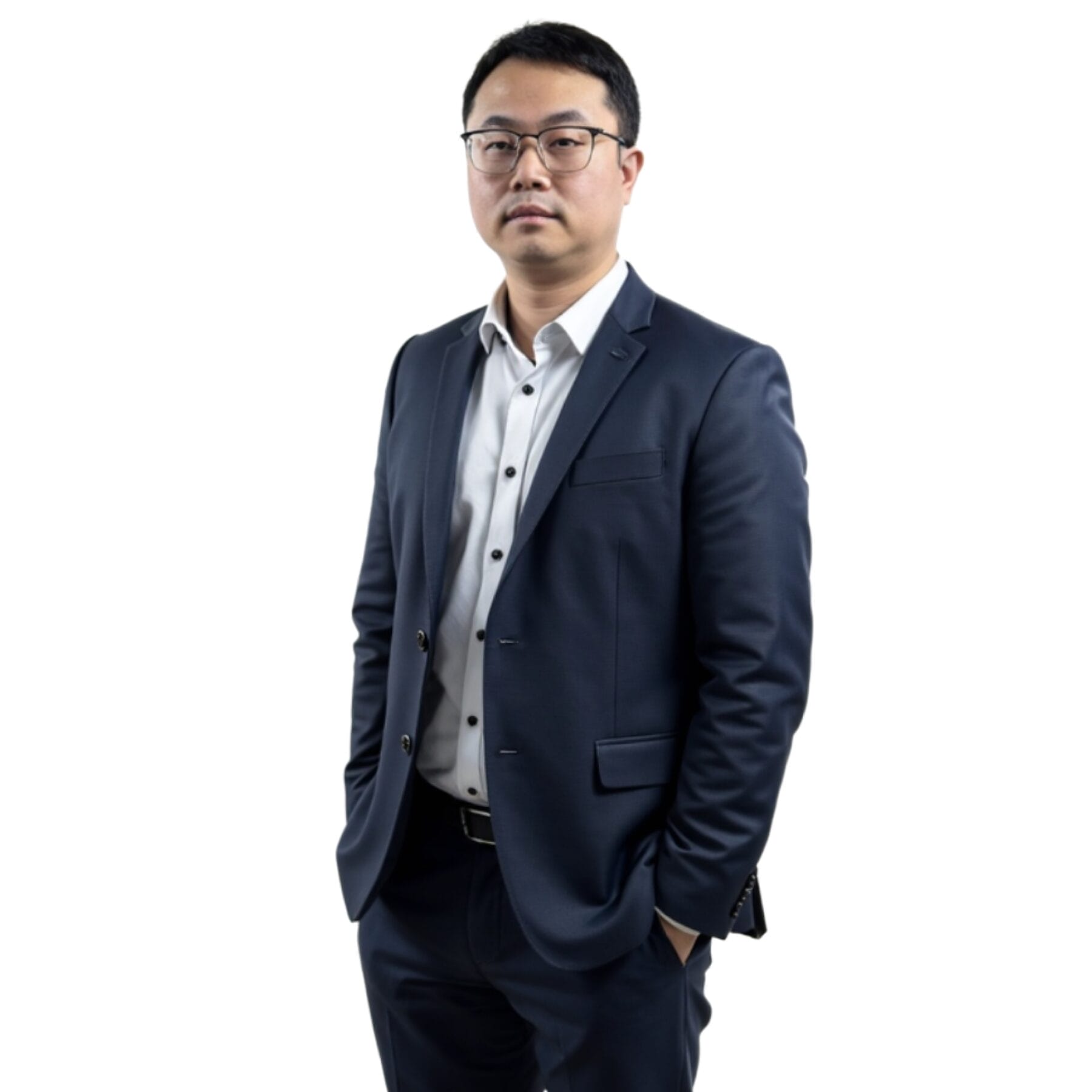 Portrait d'un homme d'affaires en costume bleu foncé