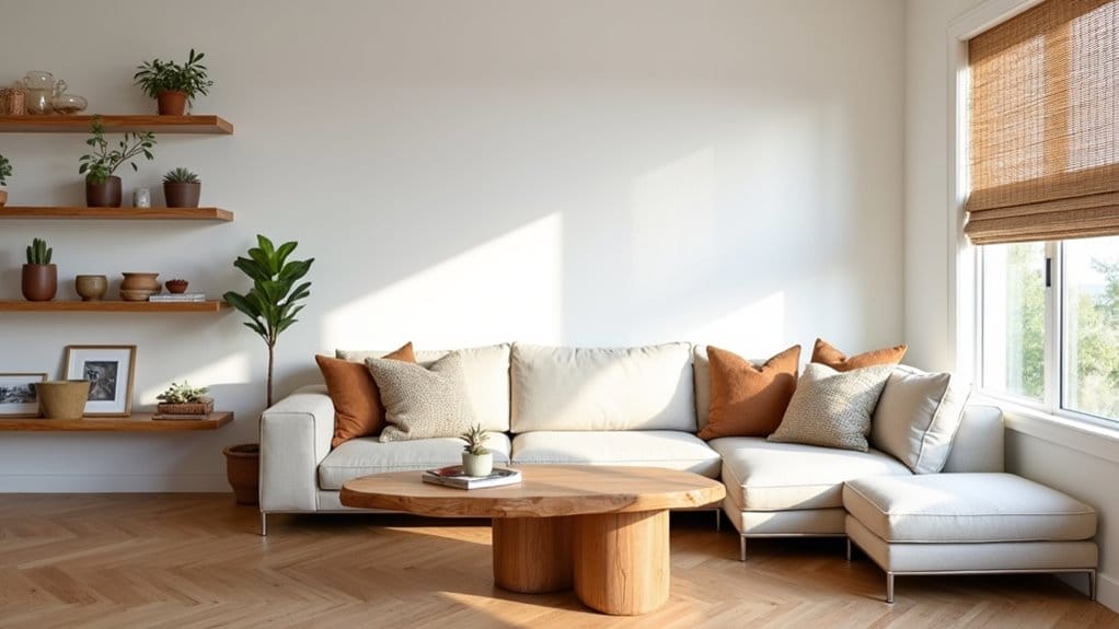 Salon élégant avec canapé d'angle beige clair, table basse en bois et étagères en bois abritant plantes et objets de décoration. Inspiration déco bois.