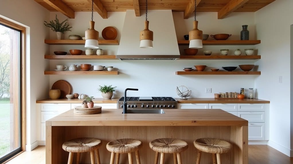 Cuisine élégante avec îlot central en bois, étagères et suspensions. Le plafond aux poutres apparentes apporte une touche de chaleur.