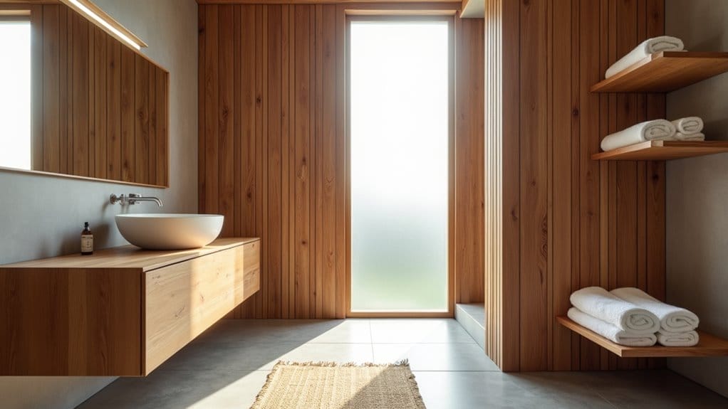 Salle de bain moderne avec lambris en bois, meuble-lavabo suspendu et étagères intégrées. Inspiration élégante pour une décoration en bois.