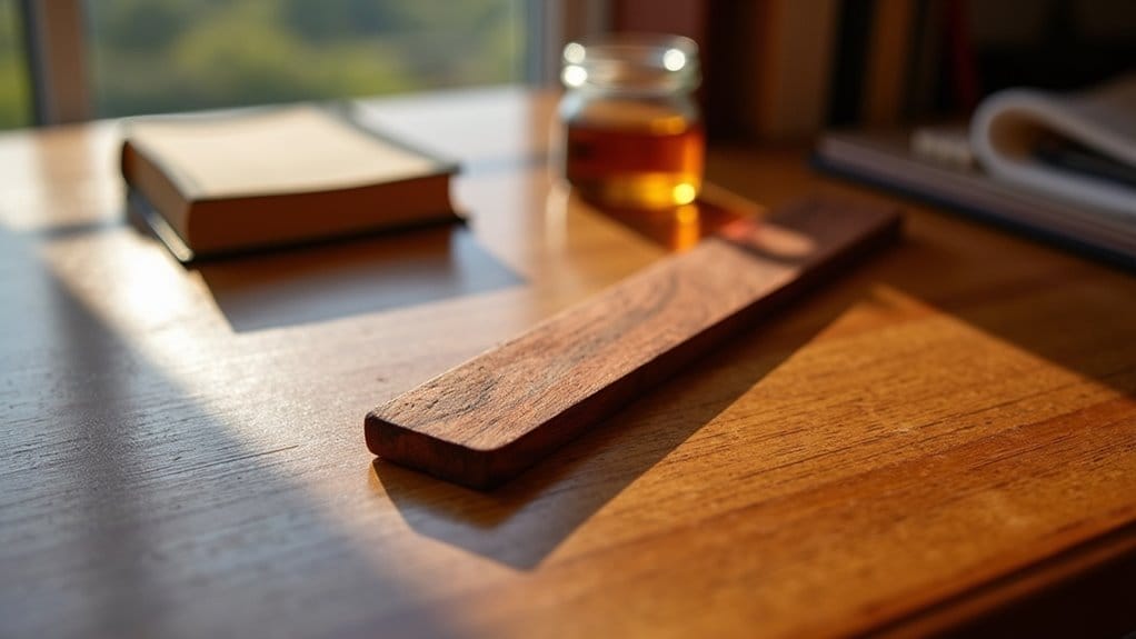 Marque-page en bois personnalisé posé sur un bureau en bois, à côté d'un livre et d'un pot de miel. Cadeau unique et durable.