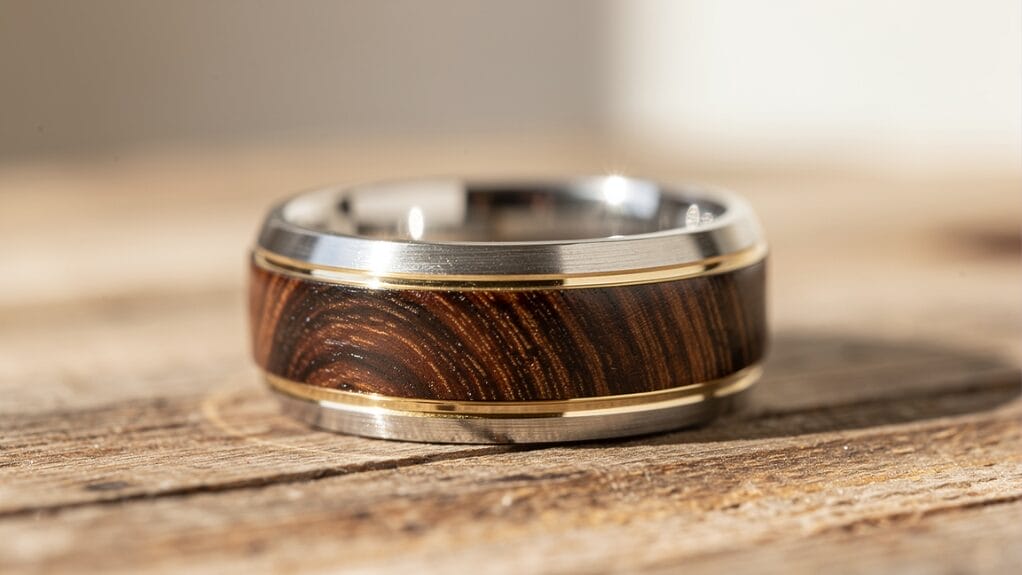 Bague homme en bois et métal, design élégant.