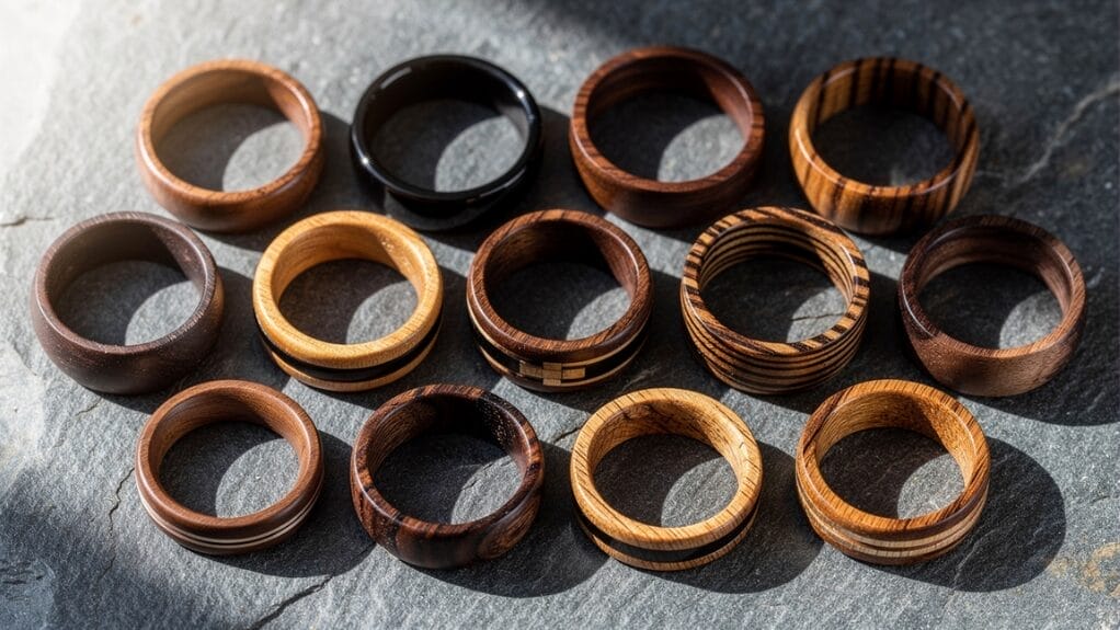 Bagues en bois artisanales, bijoux en bois variés.