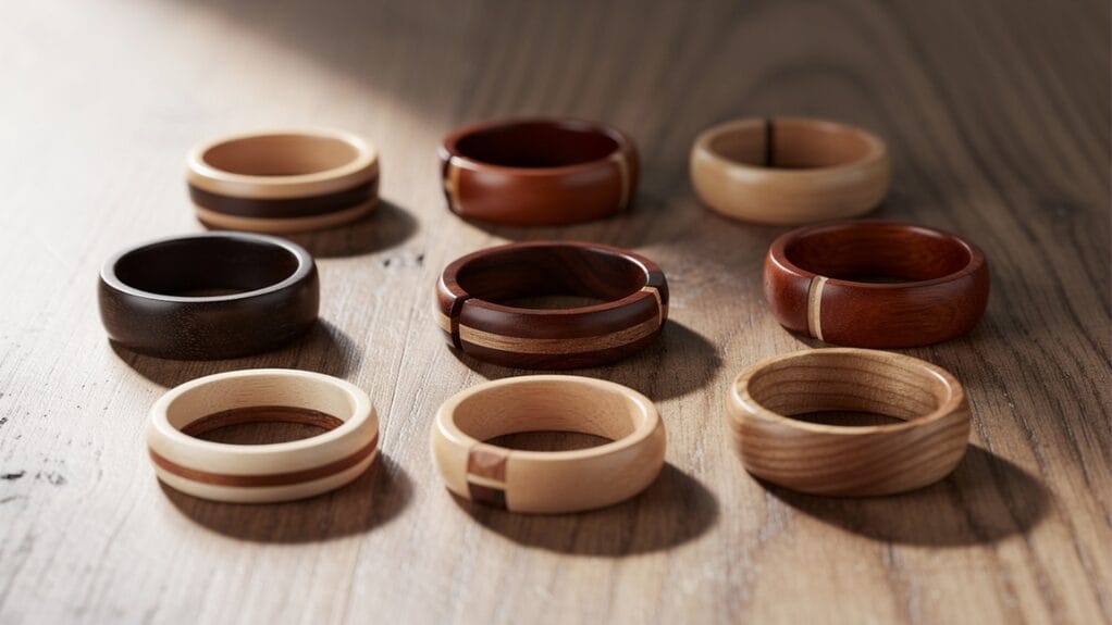 Différents types de bagues : bagues en bois artisanales variées sur table. Explorez les différents types de bagues.