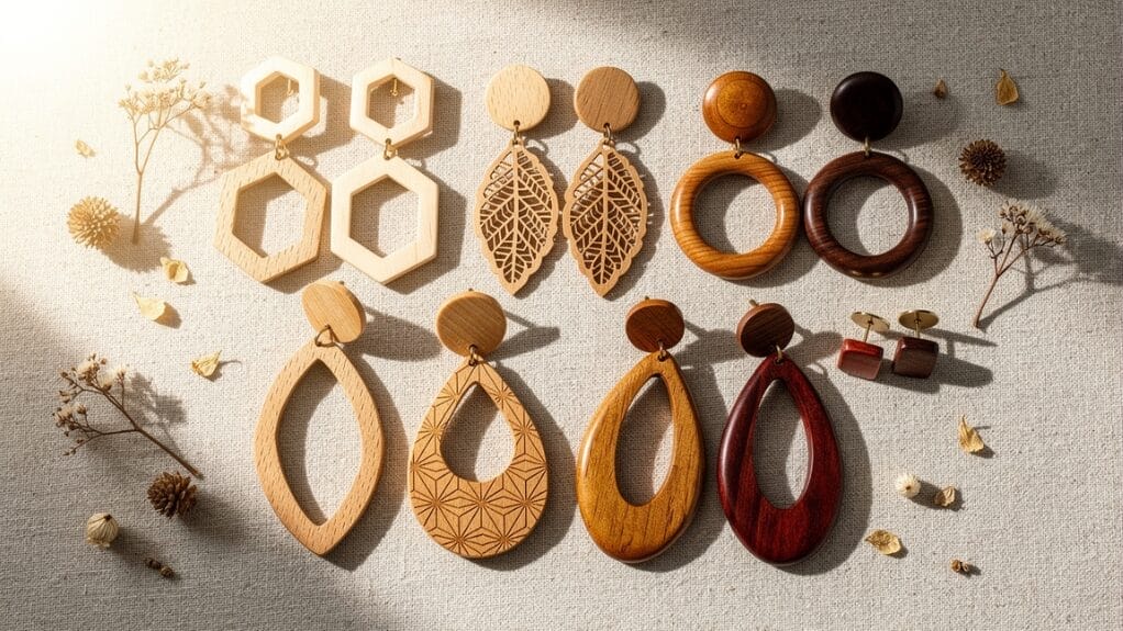 Boucles d'oreilles en bois variées, parfaites pour faire des bijoux en bois artisanaux.