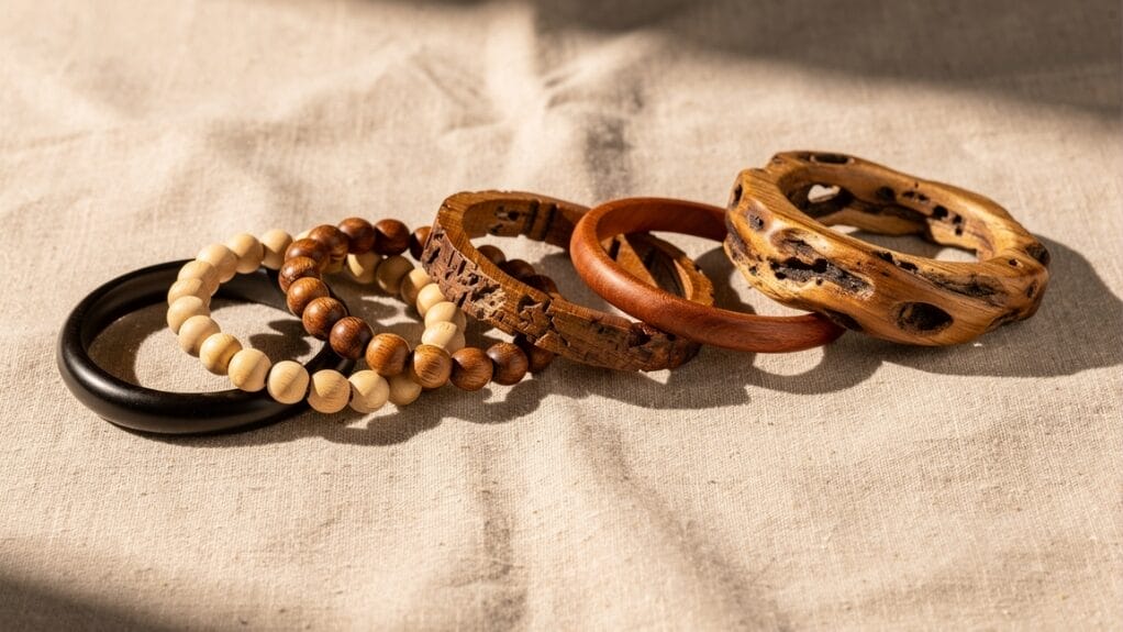 Bracelets en bois variés sur tissu, illustrant l'art de faire des bijoux en bois.