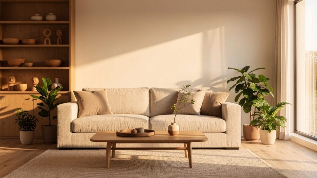 Salon lumineux avec canapé beige et étagères en bois, ambiance chaleureuse