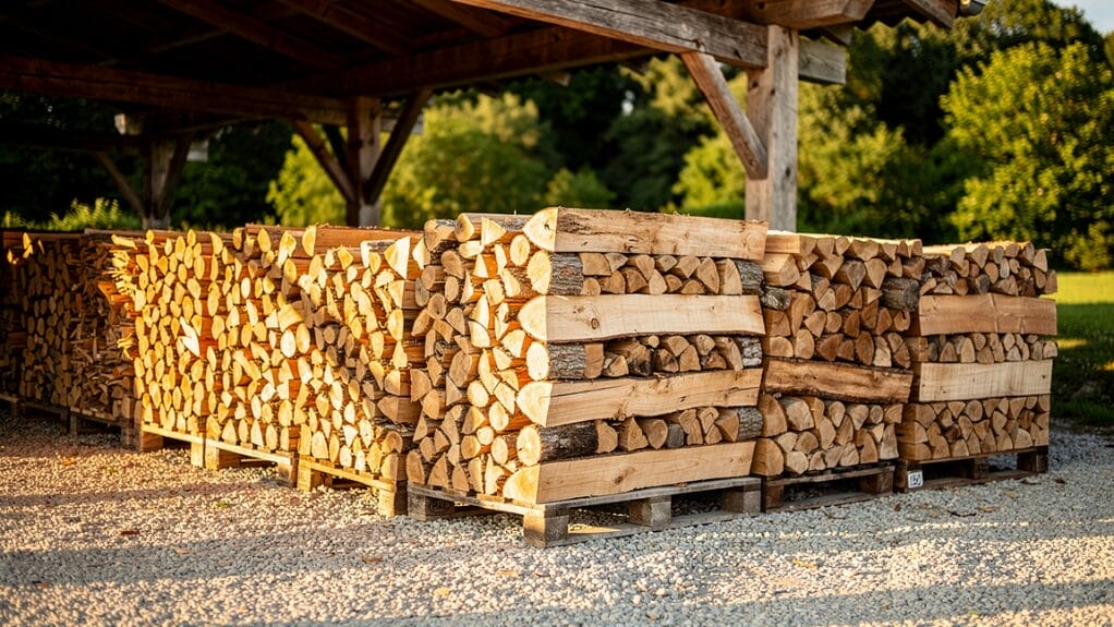 Bois de chauffage rangé sur palettes sous un abri. Comment ranger du bois.