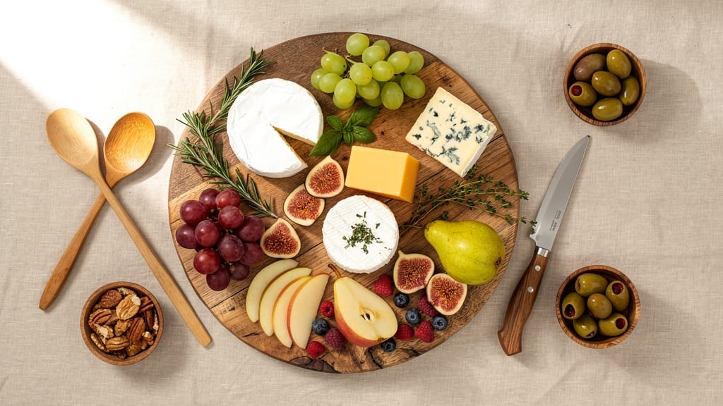 Assortiment de fromages, fruits et noix sur plateau en bois, tendance des objets en bois écologiques.