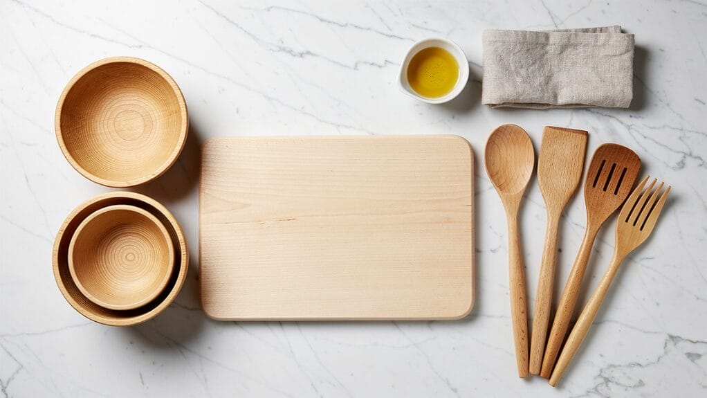 Ustensiles de cuisine en bois : planches, bols, spatules, cuillères.