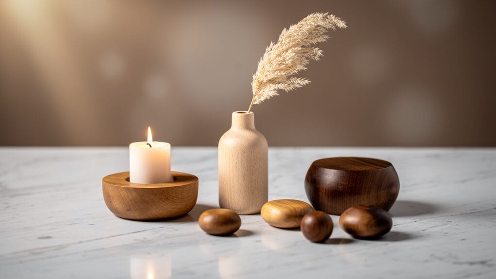 Candle in wooden holder, wooden vase with pampas grass, and wooden spheres