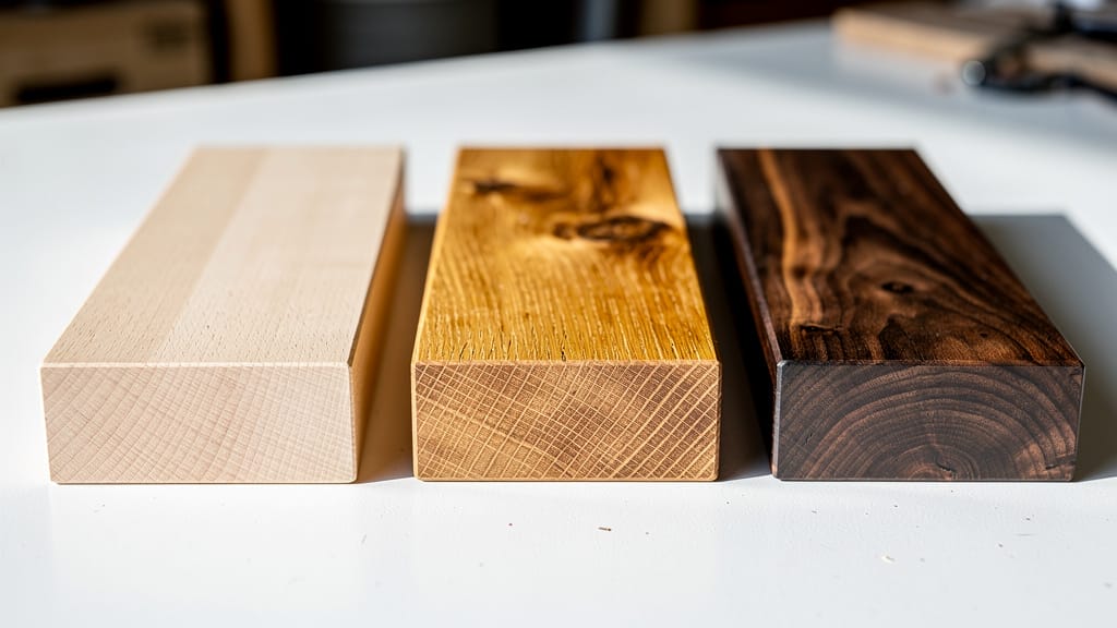 Trois blocs de différents types de bois, montrant leurs grains et couleurs. Essence de Bois.