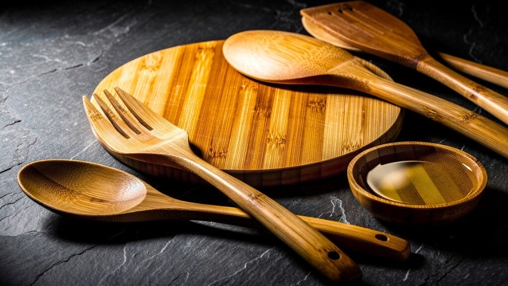 Ustensiles de cuisine en bambou sur planche de bois, huile dans un bol.
