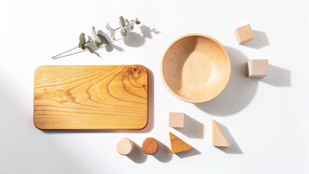 Objets en bois durables : planche, bol, blocs et formes géométriques. Guide d’achat d’objets en bois durables