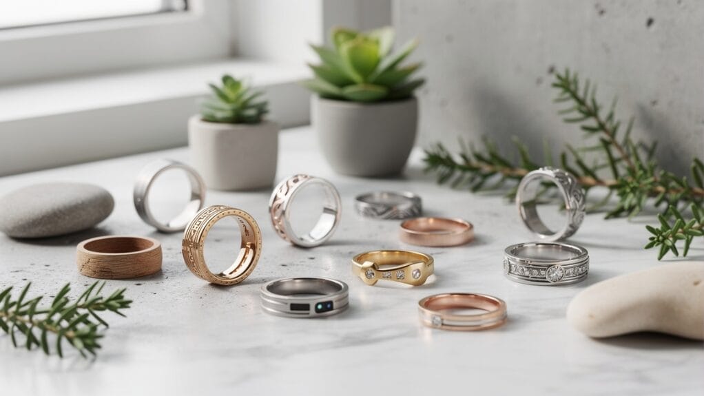 Différents types de bagues présentées sur une surface claire, avec des plantes décoratives.