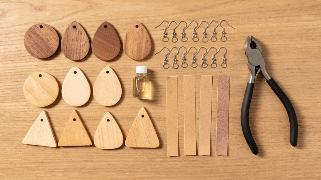 Matériel pour faire des bijoux en bois : formes, crochets, huile et outils.