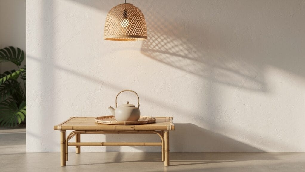 Théière en bambou sur une table basse en bambou, sous un lustre en rotin