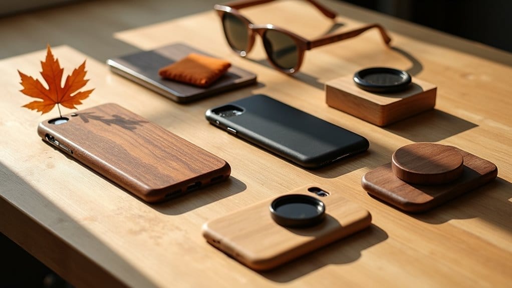 Tendances des objets en bois écologiques : étuis de téléphone en bois, lunettes et accessoires sur table en bois.