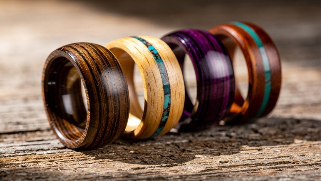 Bagues en bois artisanales colorées, dont une avec turquoise.