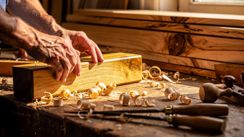 Artisan travaillant le bois pour un objet en bois personnalisé sur un établi avec des outils.