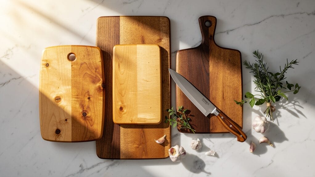 Planches à découper en bois variées, couteau, ail et herbes fraîches. Quelle planche à découper choisir.