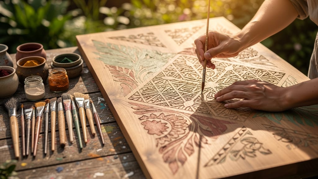 Artisan peignant un objet en bois personnalisé avec des motifs délicats. Pinceaux et pots de peinture colorés à côté.
