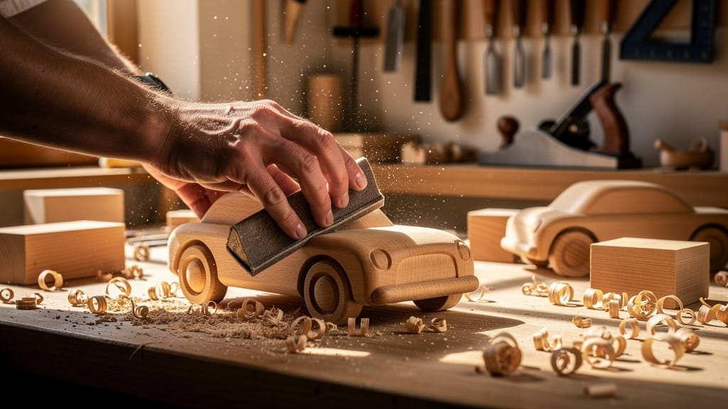 Artisan ponçant une voiture en bois, copeaux autour. Fabriquer un jouet en bois durable.