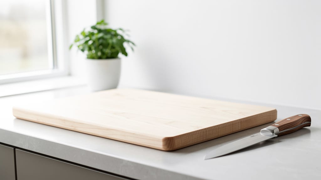 Planche à découper en bois d'érable sur un comptoir de cuisine, avec un couteau et une plante en arrière-plan.