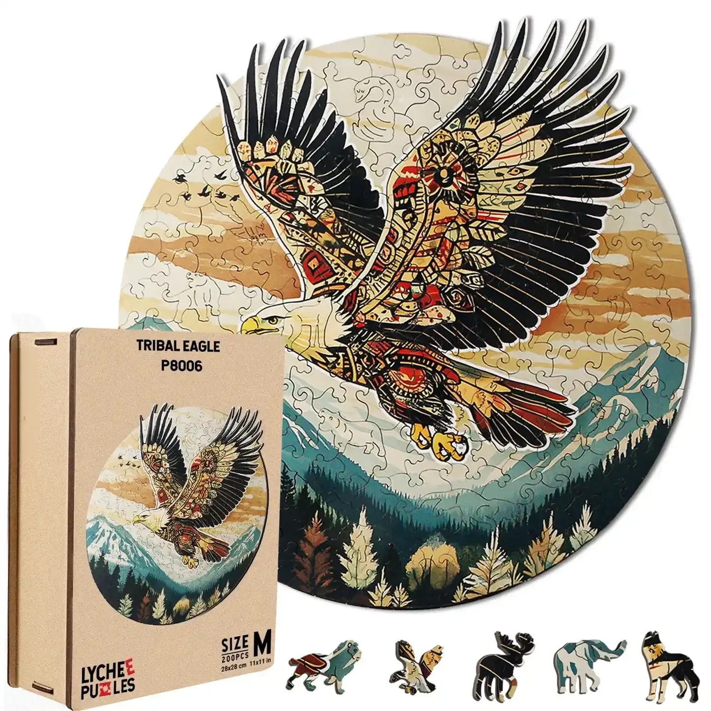 Puzzle aigle tribal en bois de 200 pièces avec découpe laser unique. Boîte du puzzle Lychee Puzzles.