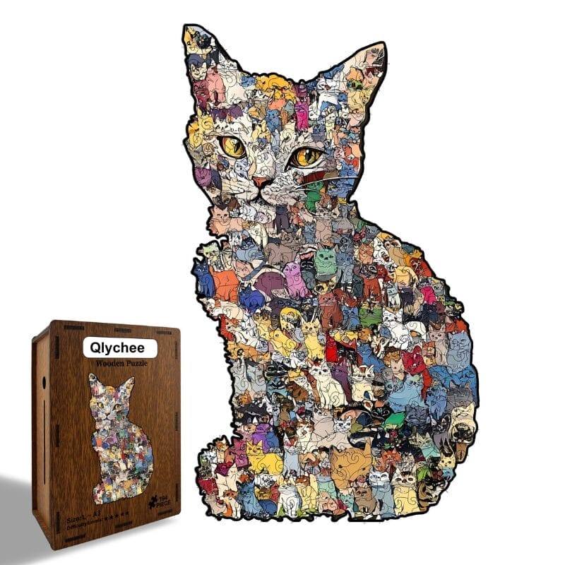 Puzzle bois chat multicolore en forme de chat, avec sa boîte. "Qlychee Wooden Puzzle" visible.