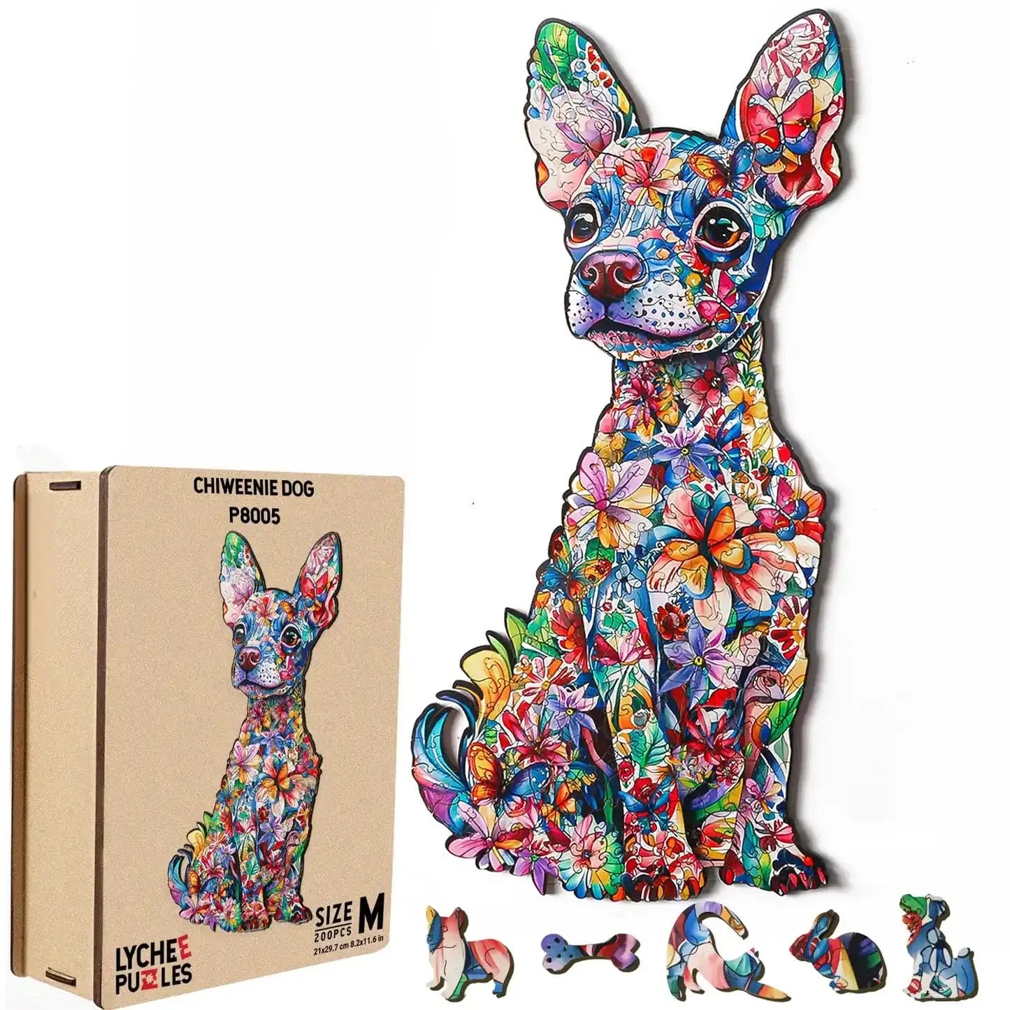 Puzzle en bois chien chiweenie fleuri, 200 pièces. Boîte du puzzle "Chiweenie Dog P8005".