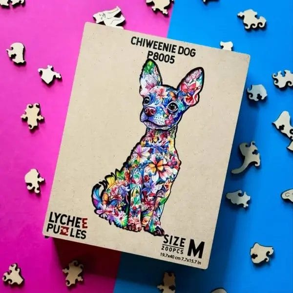 Puzzle en bois chien chiweenie 200 pièces Lychee Puzzles. Chiweenie coloré avec motif floral.