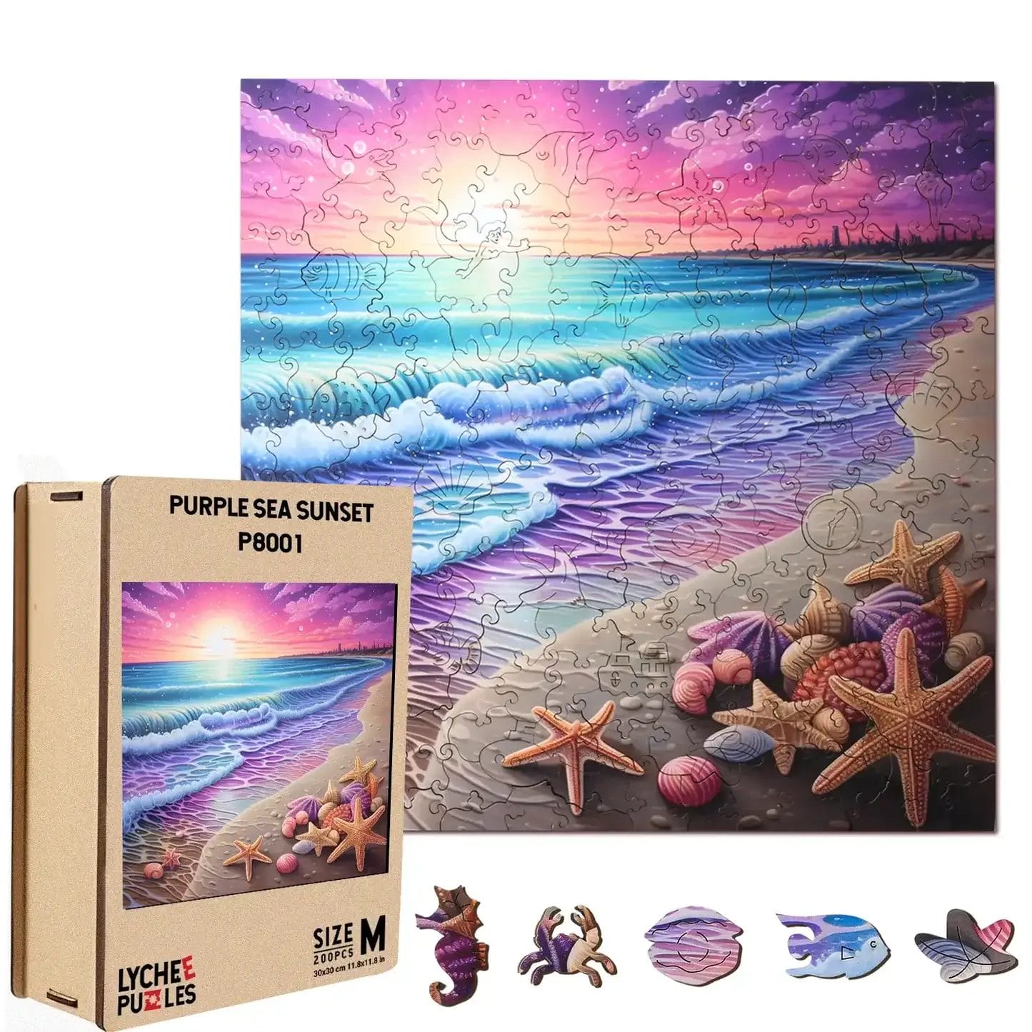 Puzzle en bois "Coucher de soleil sur la mer" avec pièces uniques. Boîte "LYCHEE PUZZLES".
