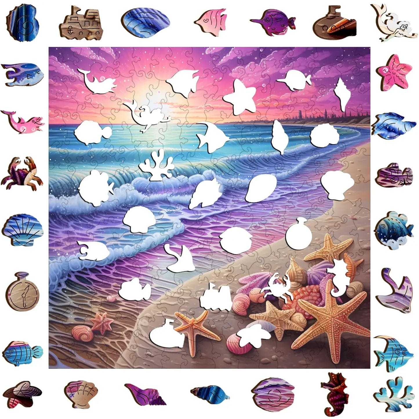 Puzzle plage en bois coucher de soleil, 200 pièces uniques. Motif marin avec étoiles de mer et coquillages.