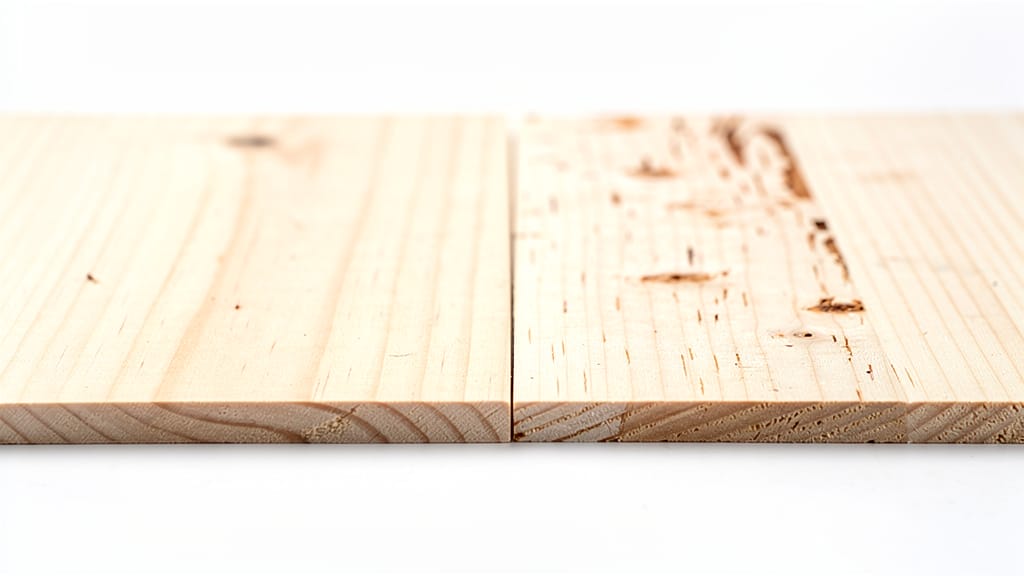 Deux planches de bois de bouleau, une propre, l'autre avec des défauts, pour l'artisanat.
